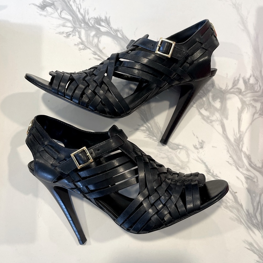 Tory Burch Black Kelton Collection Gladiator Cage Heel Leather Sandals SZ 8